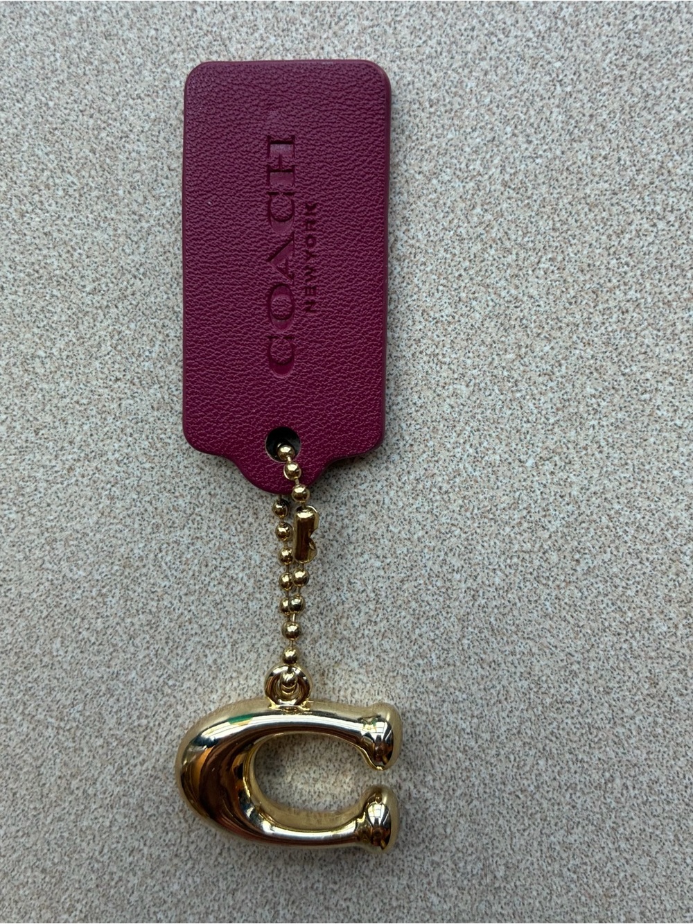 Coach Berry Leather Tag Key & Gold 'C' Charm 1.5”